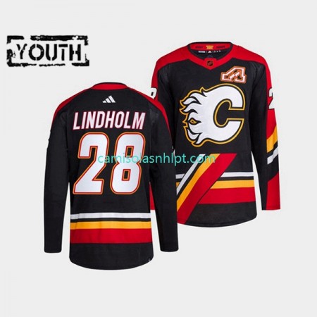 Camiseta Calgary Flames Elias Lindholm 28 Adidas 2022-2023 Reverse Retro Preto Authentic - Criança